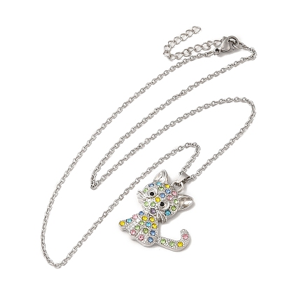Alloy Rhinestone Cat Pandant Necklace with Cable Chains, Stainless Steel Jewelry for Women