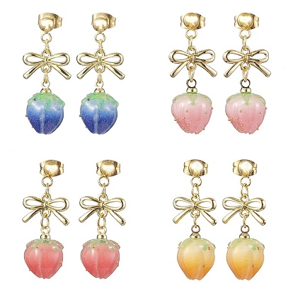 4Pairs 4 Colors Resin Stud Earring, with Alloy Links Bowknot Connectors and 304 Stainless Steel Stud Earring Findings, Strawberry
