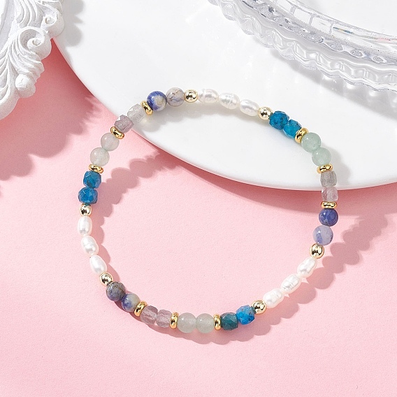 Браслеты из натуральных смешанных драгоценных камней для женщин, круглые, с натуральным культивированным пресноводным жемчугом и латунью.