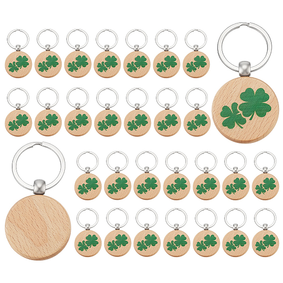 36Pcs Wood Pendant Keychains, Flat Round with Clover, with Iron Key Rings