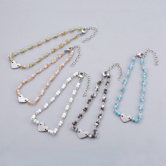 Glass Beads Charm Anklets, with Metal Findings, Rondelle and Heart