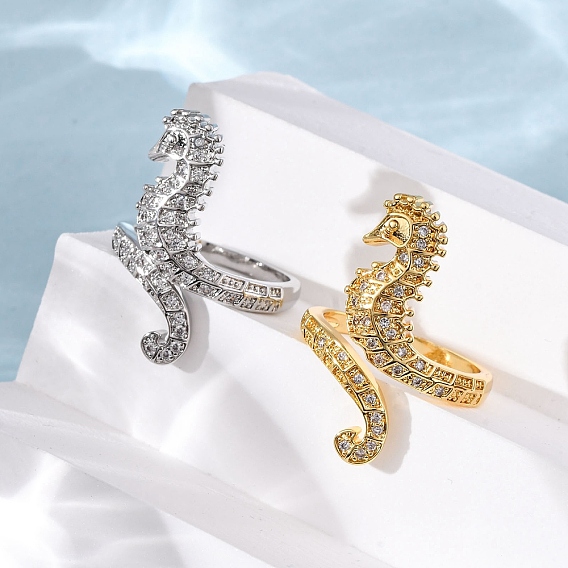 Латунные микропаве кубические цирконии регулируемые открытые манжеты кольца для женщин, без кадмия и без свинца, морской конек