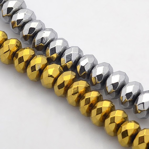 Electroplate Non-magnetic Synthetic Hematite Beads Strands, Faceted Rondelle, 8x5mm, Hole: 1mm, about 86pcs/strand, 15.7 inch