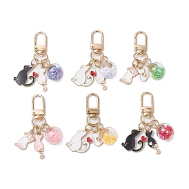 Cat Shape Alloy Enamel & Round Glass Pendant Decorations, with Swivel Clasps