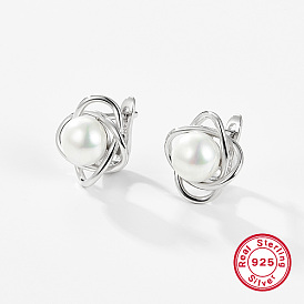 Rhodium Plated 925 Sterling Silver Wire Knot Hoop Earrings for Women, with 925 Stamp and Pearl