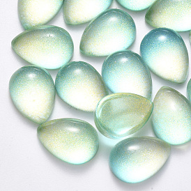 Transparent Spray Painted Glass Cabochons, with Glitter Powder, Teardrop