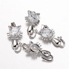 Brass Micro Pave Cubic Zirconia Kitten Pendants, Cat with Bowknot Shape, 20x11x5mm, Hole: 4x5mm