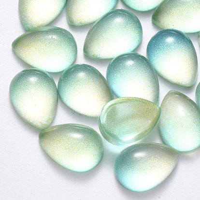 Transparent Spray Painted Glass Cabochons, with Glitter Powder, Teardrop
