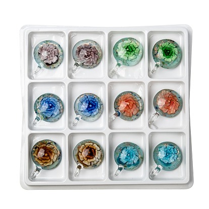 Handmade Gold Sand Lampwork Pendants, Flat Round, Mixed Color, 43x32x14mm, hole: 12mm