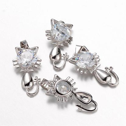 Brass Micro Pave Cubic Zirconia Kitten Pendants, Cat with Bowknot Shape, 20x11x5mm, Hole: 4x5mm