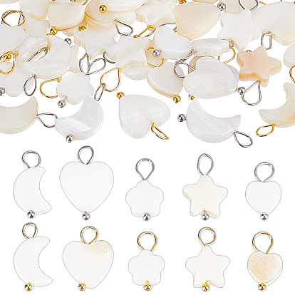 60 шт 10 стили натуральные пресноводные подвески из ракушек, с медными петлями, подвески в виде звезд и луны, разнообразные, цвет морской раковины