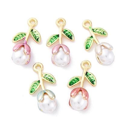 Подвески из эмали и сплава, с ABS имитации жемчуга, без кадмия, без никеля и без свинца, стойки покрытие, цветочный шарм, золотые