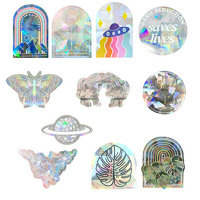 Reflective PET Motorcycle Laser Stickers, Waterproof Self-Adhesive Decals for Vehicle, Car Decorations, Butterfly/Rainbow/Round/Arch/Flower/Planet Shape