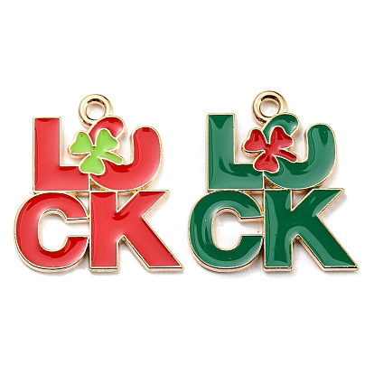 Saint Patrick's Day Alloy Enamel Pendants, Light Gold, Word Luck with Clover Charm