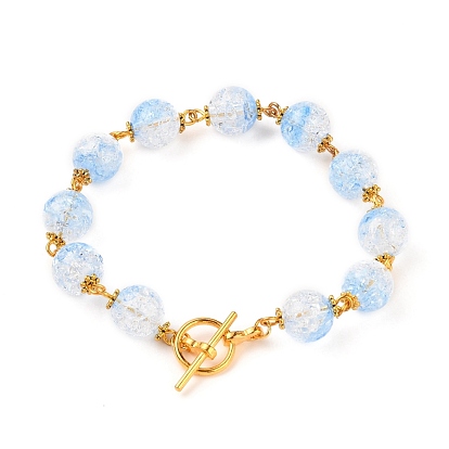 Transparent Crackle Acrylic Round Beaded Bracelets, with Alloy Spacer Beads and Toggle Clasps, Golden