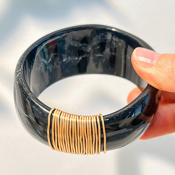 Resin Wide Bangels with Alloy Wire Wrapped for Women, Golden