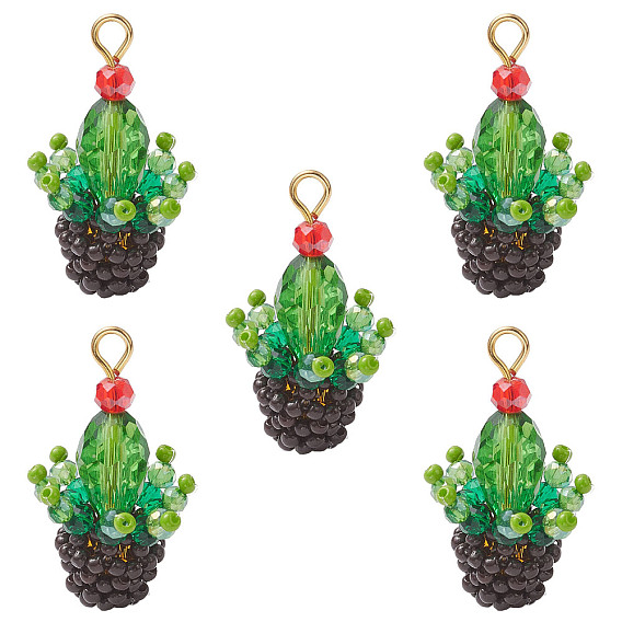 5 pièces pendentifs cactus en perles de verre, avec des boucles en fer et du verre, or