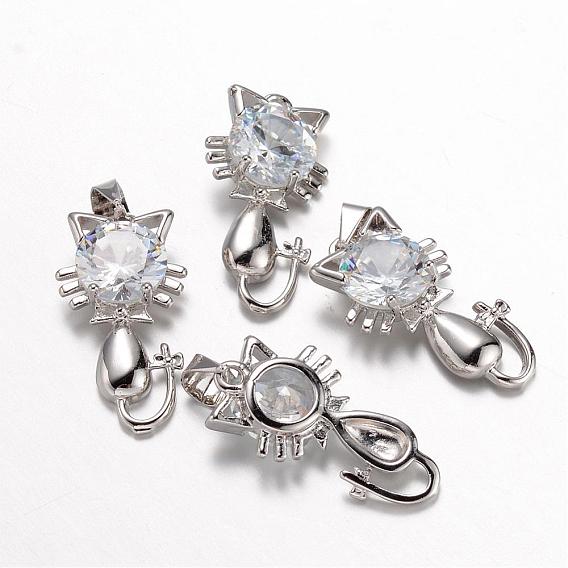 Brass Micro Pave Cubic Zirconia Kitten Pendants, Cat with Bowknot Shape, 20x11x5mm, Hole: 4x5mm