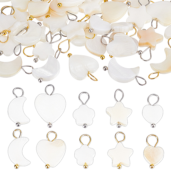 60 шт 10 стили натуральные пресноводные подвески из ракушек, с медными петлями, подвески в виде звезд и луны, разнообразные, цвет морской раковины