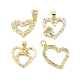 Hollow Heart Rack Plating Brass Micro Pave Cubic Zirconia Pendants, Long-Lasting Plated, Lead Free & Cadmium Free