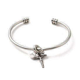 Breloques perles et croix en acrylique bracelet manchette ouvert, 304 bracelet de couple de noeud d'amour en acier inoxydable pour femme