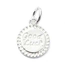 925 Sterling Silver Flat Round with Word Good Luck Charms, with Jump Rings & 925 Stamp