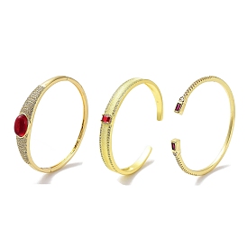 Rectangle/Heart/Oval Brass Micro Pave Clear Cubic Zirconia Open Cuff/Hinged Bangles, Red Glass Bangles for Women, Real 18K Gold Plated