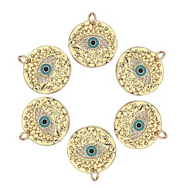 6Pcs Brass Micro Pave Clear Cubic Zirconia Pendants, with Enamel and Jump Rings, Flat Round with Eye