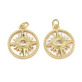 Brass Micro Pave Clear Cubic Zirconia & Natural White Shell Pendants, Flat Round with Sun Charms, Rack Plating, Long-Lasting Plated, Cadmium Free & Lead Free