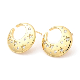 Rack Plating Brass Moon with Star Stud Earrings with Cubic Zirconia, Lead Free & Cadmium Free