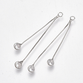 Brass Cubic Zirconia Box Chain Tassel Pendants, Clear