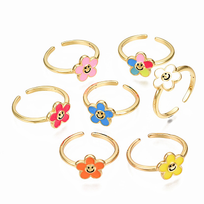 Brass Enamel Cuff Rings, Open Rings, Nickel Free, Flower with Smiling Face, Real 16K Gold Plated