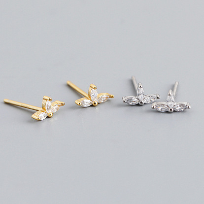 S925 Sterling Silver Clear Cubic Zirconia Petal Stud Earrings