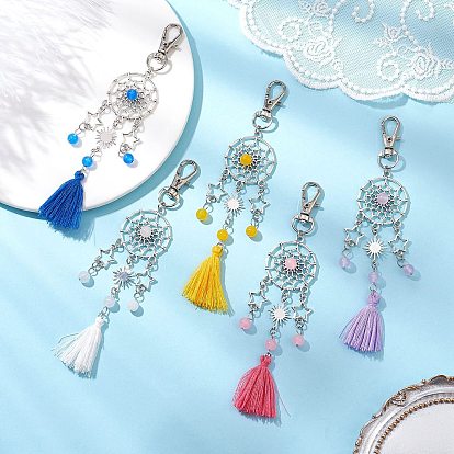 Подвеска из натурального и окрашенного малайзийского нефрита и сплава, поворотные застежки и подвески-кисточки из поликоттона для украшений сумок, плоский круг/паутина со звездой и солнцем