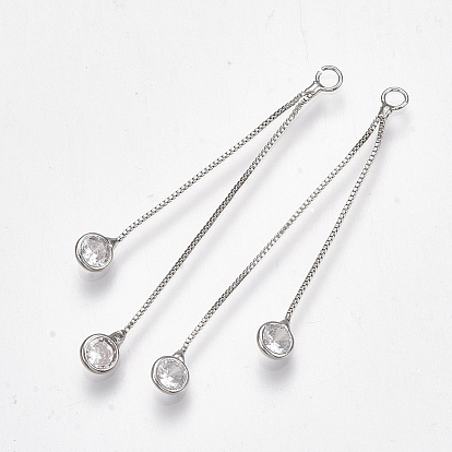 Brass Cubic Zirconia Box Chain Tassel Pendants, Clear