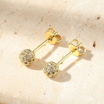 Круглые серьги-гвоздики из латуни с микропаве из прозрачных кубических цирконий, без свинца и без кадмия, долговечный
