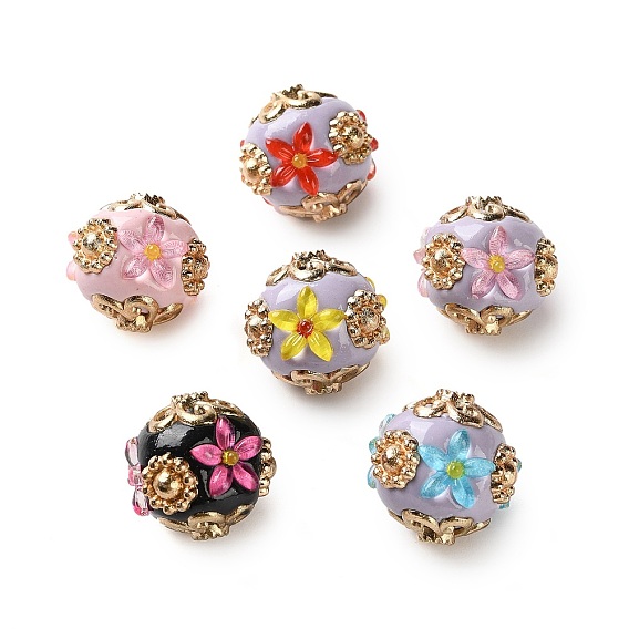 Ручная полимерная глиняная индонезия бисер, круглая с цветком, с сердечником из сплава и смолы, золотой свет