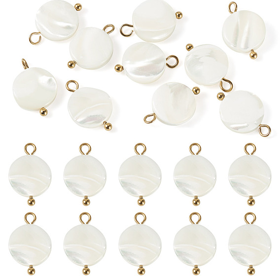 10Pcs Natural Shell Disc Pendants, with 304 Stainless Steel Loops, Seashell Color, Ion Plating(IP)