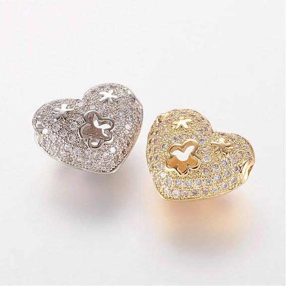 Brass Micro Pave Cubic Zirconia Beads, Heart with Flower, Hollow