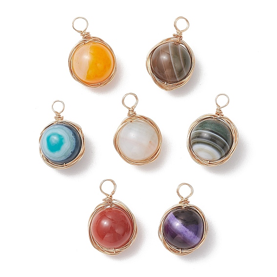 Подвески из натурального полосатого агата, обмотанного медной проволокой (окрашенного и подвергнутого термической обработке)., круглые подвески, золотые