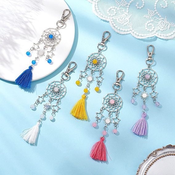 Подвеска из натурального и окрашенного малайзийского нефрита и сплава, поворотные застежки и подвески-кисточки из поликоттона для украшений сумок, плоский круг/паутина со звездой и солнцем