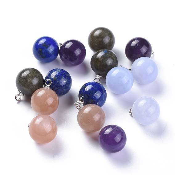 Natural Mixed Stone Charms, with 925 Sterling Silver Loop, Round