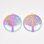 Ion Plating(IP) 201 Stainless Steel Filigree Pendants, Etched Metal Embellishments, Flat Round with Tree of Life