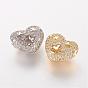 Brass Micro Pave Cubic Zirconia Beads, Heart with Flower, Hollow
