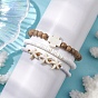 3Pcs 3 Styles Cross Round Wood & Disc Sea Shell Beaded Stretch Bracelet Sets, Summer Beach Starfish Synthetic Turquoise Braided Bead Adjustable Stackable Bracelets for Women Men