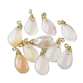 Natural White Agate Teardrop Pendant Decorations, Drop Ornaments with Brass Spring Ring Clasps