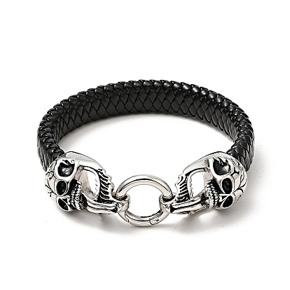 Bracelet cordon tressé imitation cuir pu, 304 bracelet gothique fermoir tête de mort en acier inoxydable pour hommes femmes