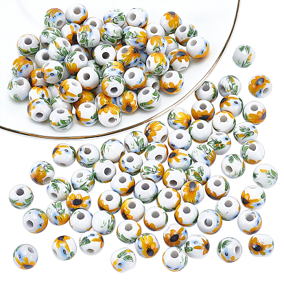 120шт. фарфоровые бусины ручной работы с принтом, круглый с рисунком подсолнуха