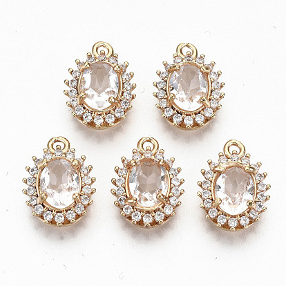 Brass Glass Rhinestone Pendants, with Micro Pave Clear Cubic Zirconia, Long-Lasting Plated, Cadmium Free & Lead Free, Oval, Light Gold