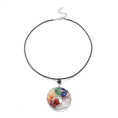 Natural Mixed Gemstone Chips Braided Tree of Life Pendant Necklaces, 7 Chakra Jewelry with Imitation Leather Cord for Women